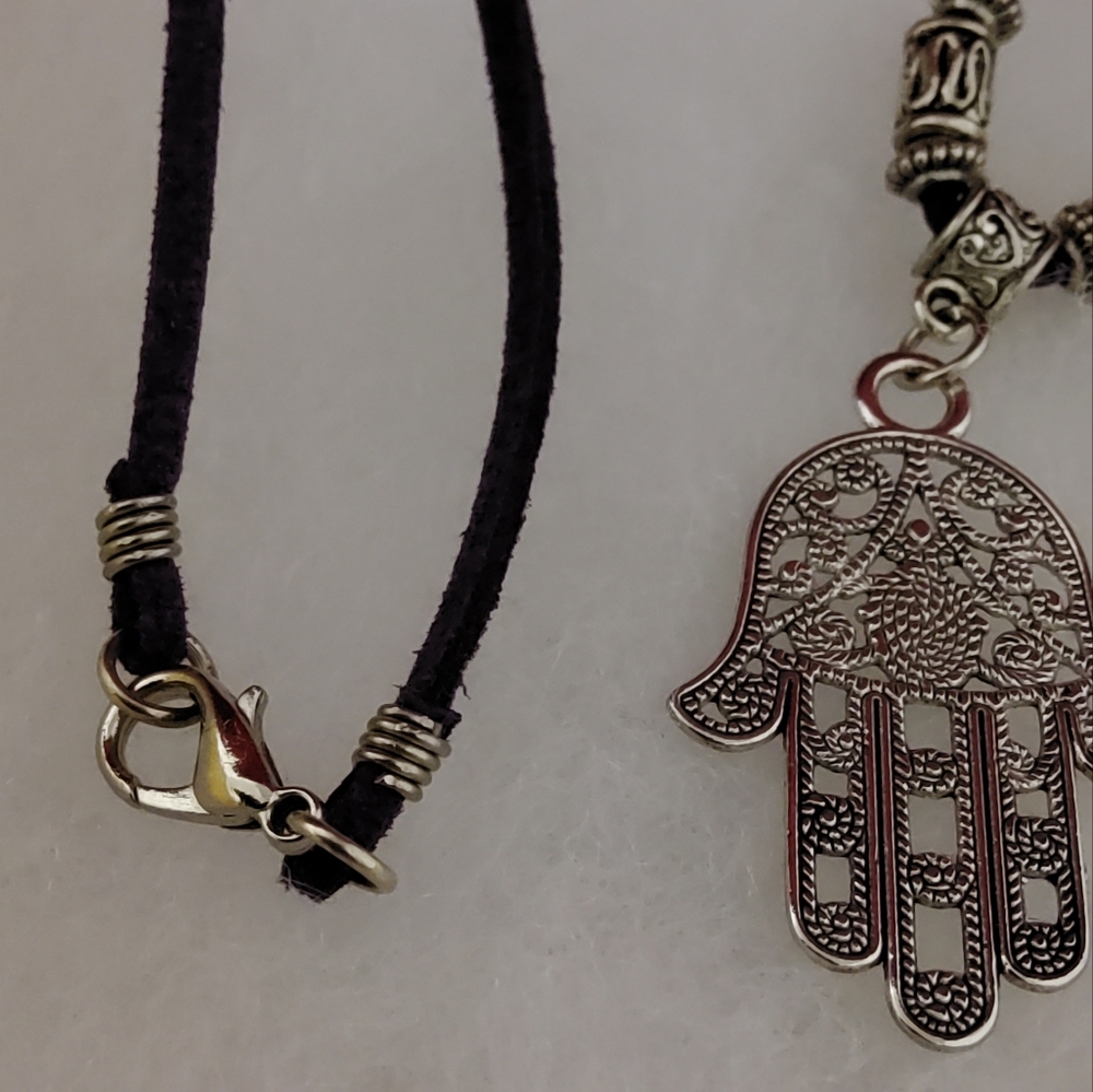 One Earth Hamsa Necklace On A Purple Suede Cord - Picture 4 of 4